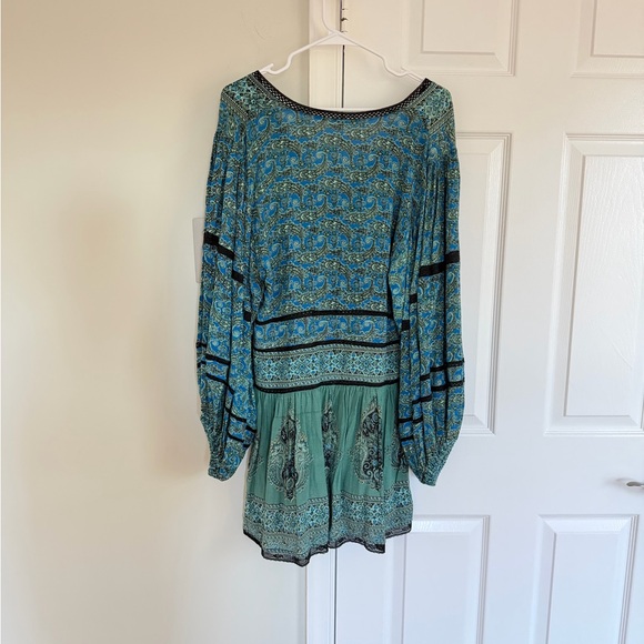 Free People Top Green Blue Luna Scarf Print Balloon Sleeve Boho Tunic L NWT - Picture 6 of 11